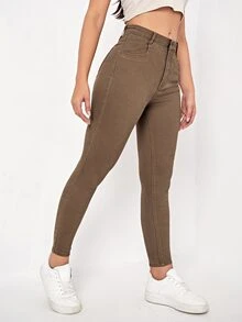 SHEIN Essnce Quần jean nữ Nút Túi Dây kéo màu trơn - màu nâu - Xem 3