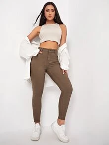 SHEIN Essnce Quần jean nữ Nút Túi Dây kéo màu trơn - màu nâu - Xem 4