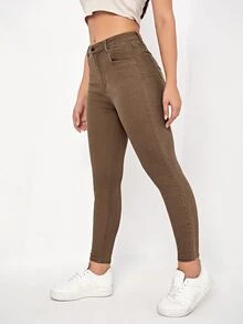 SHEIN Essnce Quần jean nữ Nút Túi Dây kéo màu trơn - màu nâu - Xem 5