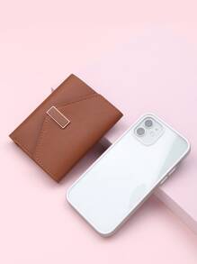 金属装饰折叠小钱包信用卡小钱包身份证窗口双折女士钱包便携，钱，现金白领人士，适合女大学生，工作，商务，通勤，办公室，周年纪念，情侣，生日礼物，情人节礼物，礼物 - 棕色 - 查看 5