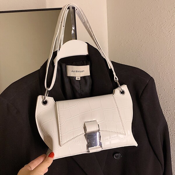 

Crocodile Embossed Buckle Decor Square Bag, White