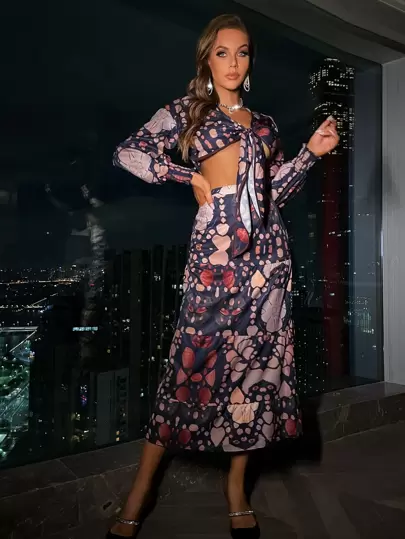 Aveloria Allover Print Lantern Sleeve Knot Front Crop Top & High Waist Skirt Fall Cloth For Women