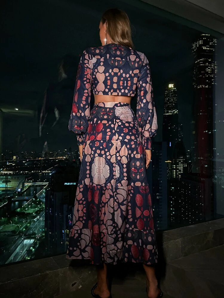 Allover Print Lantern Sleeve Knot Front Crop Top & High Waist Skirt Fall Cloth For Women