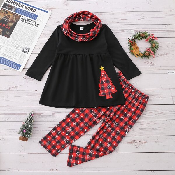 

Toddler Girls Christmas Tree Embroidery Top & Gingham Print Pants With Scarf, Multicolor