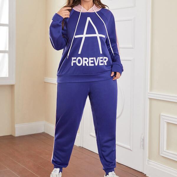 

Plus Letter Graphic Drawstring Hoodie & Sweatpants, Violet purple