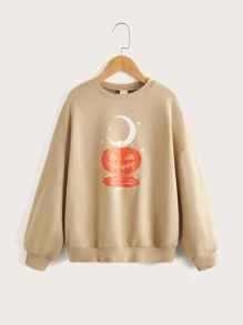 SHEIN Girls Christmas Lantern Print Pullover - Khaki - View 1