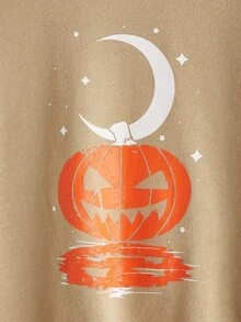 SHEIN Girls Christmas Lantern Print Pullover - Khaki - View 4