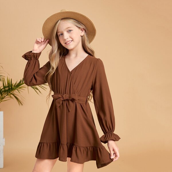 

Girls 1pc Flounce Sleeve Ruffle Hem Belted Dress, Rust brown