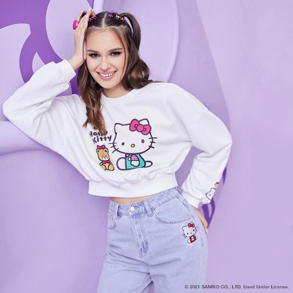 

Hello Kitty Print Drop Shoulder Crop Sweatshirt, White