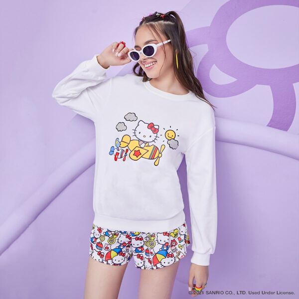 

Hello Kitty Print Drop Shoulder Sweatshirt, White