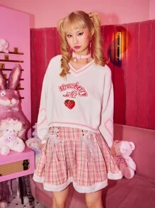 ROMWE Kawaii Letter Strawberry Embroidery Drop Shoulder Sweater - Multicolor - View 4