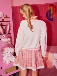 ROMWE Kawaii Letter Strawberry Embroidery Drop Shoulder Sweater - Multicolor - View 6
