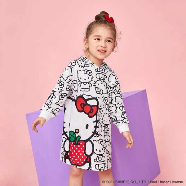 

Toddler Girls Cartoon Graphic Drop Shoulder Hoodie Dress, White