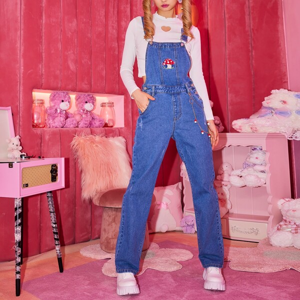 

Mushroom Embroidery Button Pocket Denim Jumpsuit, Medium wash