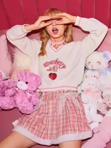 ROMWE Kawaii Letter Strawberry Embroidery Drop Shoulder Sweater - Multicolor - View 1