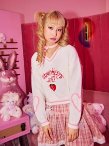 ROMWE Kawaii Letter Strawberry Embroidery Drop Shoulder Sweater - Multicolor - View 5