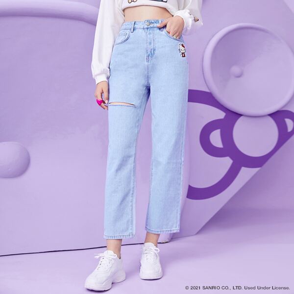 

High Waist Cartoon Graphic Ripped Straight Leg Jeans, Medium wash