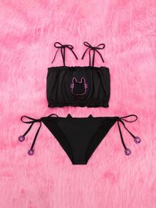 ROMWE Kawaii Lettuce Trim Cut-out Lingerie Set - Black - View 1