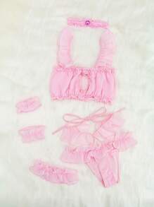 ROMWE Kawaii 6pack Ruffle Trim Chiffon Lingerie Set With Choker - Baby Pink - View 1