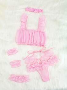 ROMWE Kawaii 6pack Ruffle Trim Chiffon Lingerie Set With Choker - Baby Pink - View 2