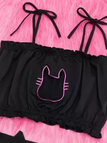 ROMWE Kawaii Lettuce Trim Cut-out Lingerie Set - Black - View 3