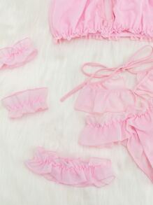 ROMWE Kawaii 6pack Ruffle Trim Chiffon Lingerie Set With Choker - Baby Pink - View 3