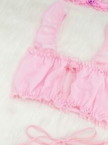 ROMWE Kawaii 6pack Ruffle Trim Chiffon Lingerie Set With Choker - Baby Pink - View 4