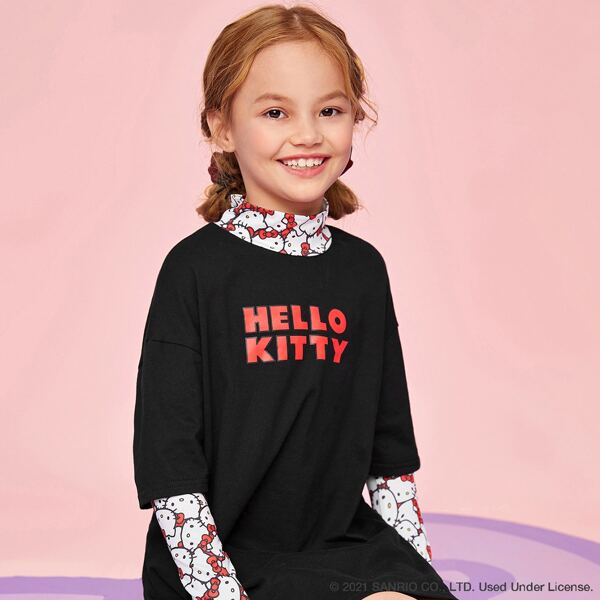 

Girls Letter & Cartoon Print Drop Shoulder Thumb Hole Mock Neck 2 In 1 Dress, Black