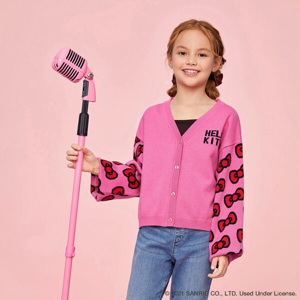 

Girls Cartoon & Bow Pattern Drop Shoulder Cardigan, Multicolor