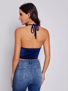 SHEIN BAE Draped Neck Hanky Hem Tied Back Velvet Halter Top - Royal Blue - View 2