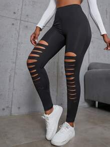 SHEIN SXY Leggings unicolor roto escalonado - Negro - Ver 4