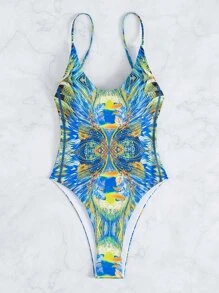 Allover Print One Piece Swimsuit, For Summer Beach Vacation - Baby Blue - View 5