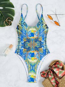 Allover Print One Piece Swimsuit, For Summer Beach Vacation - Baby Blue - View 6