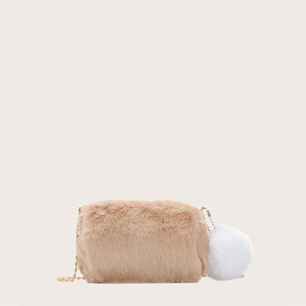 

Girls Pom-pom Decor Fluffy Chain Crossbody Bag, Khaki
