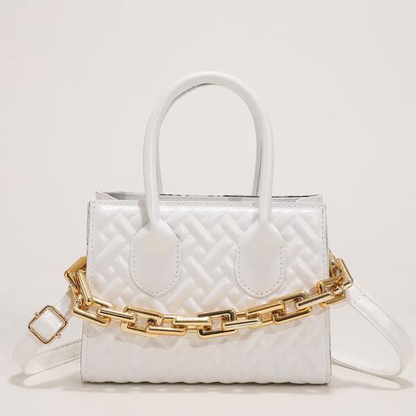 

Textured Chain Decor Square Bag, White