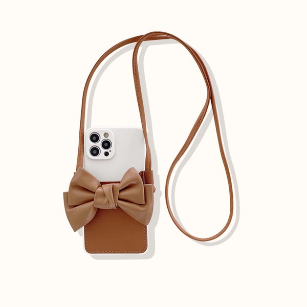 

Bowknot Decor Wallet Phone Case With Lanyard, Brown