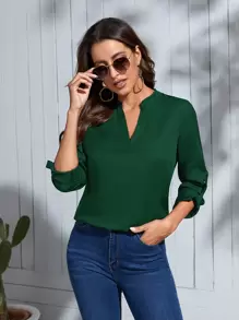 SHEIN Clasi Roll Tab Sleeve Notched Neck Blouse - Dark Green - View 1