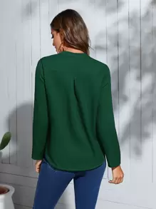 SHEIN Clasi Roll Tab Sleeve Notched Neck Blouse - Dark Green - View 2