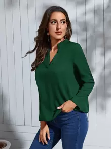 SHEIN Clasi Roll Tab Sleeve Notched Neck Blouse - Dark Green - View 4