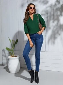 SHEIN Clasi Roll Tab Sleeve Notched Neck Blouse - Dark Green - View 5