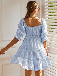 雞心領格紋圖案洋裝 - 藍白色 - 查看 2