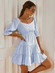 雞心領格紋圖案洋裝 - 藍白色 - 查看 3