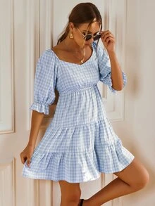 雞心領格紋圖案洋裝 - 藍白色 - 查看 4