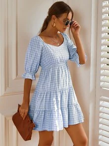 雞心領格紋圖案洋裝 - 藍白色 - 查看 5