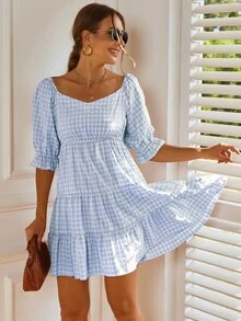 雞心領格紋圖案洋裝 - 藍白色 - 查看 6