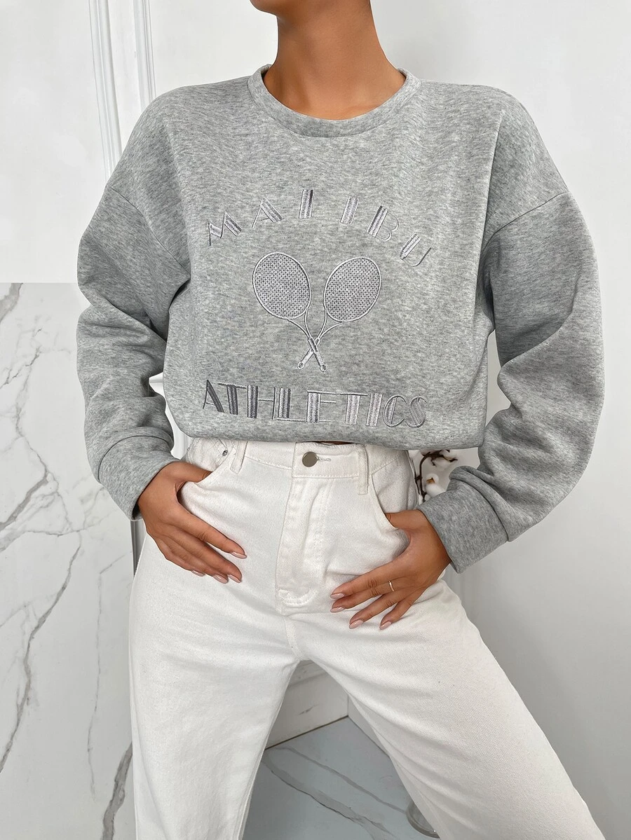 SHEIN Unity Sudadera con bordado de letra de hombros caídos - Gris Claro - Ver 1