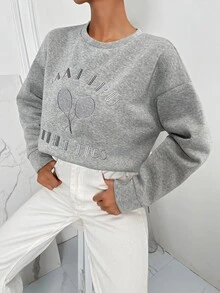 SHEIN Unity Sudadera con bordado de letra de hombros caídos - Gris Claro - Ver 5