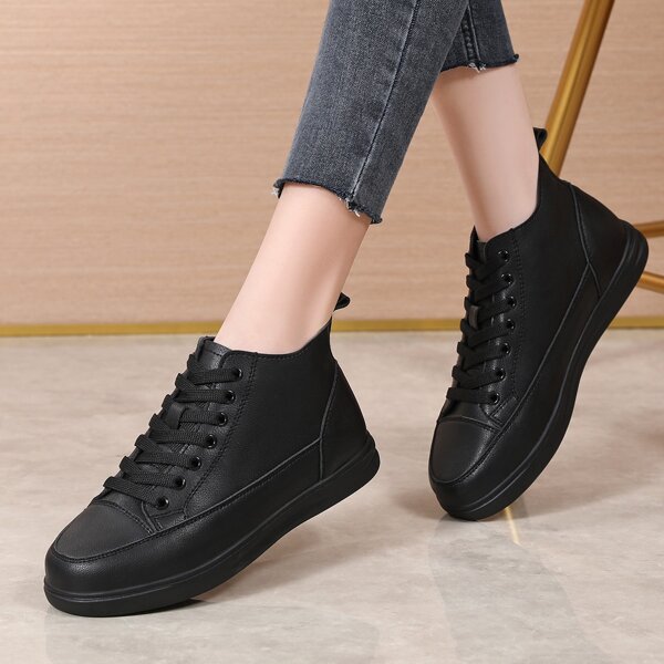 

Minimalist Lace-up Front Plush Inside Ankle Boots, Black