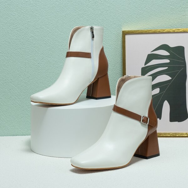 

Two Tone Buckle Decor Side Zipper Boots, White