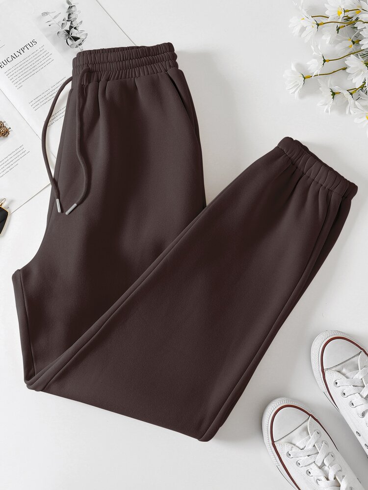 SHEIN Unity Solid Drawstring Waist Sweatpants - Chocolate Brown - View 1